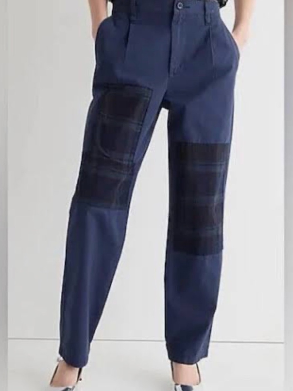 J. Crew Navy Chino Pants with Dark Plaid Knee Patches
